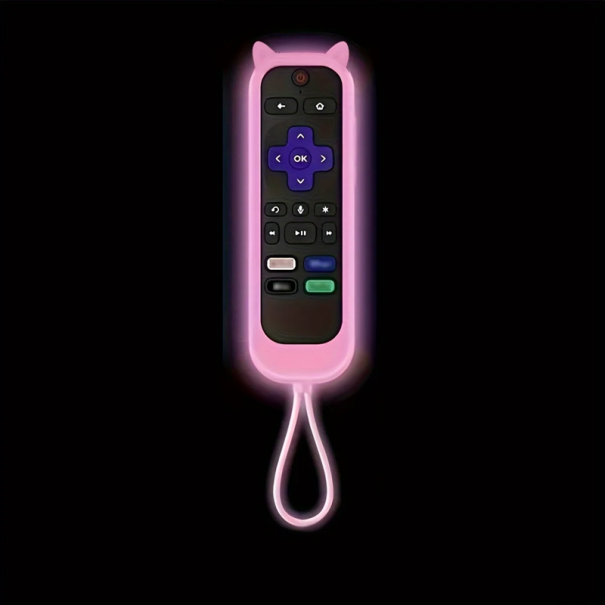 Siliconen afstandsbedieningshoes 14 x 4,5 cm Kattenoren Glow in the Dark beschermhoes voor TCL Hisense Roku TV Antislipontwerp roze