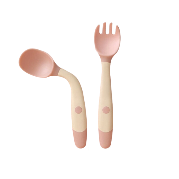 Siliconen babylepel met vork 2 stuks lichtroze
