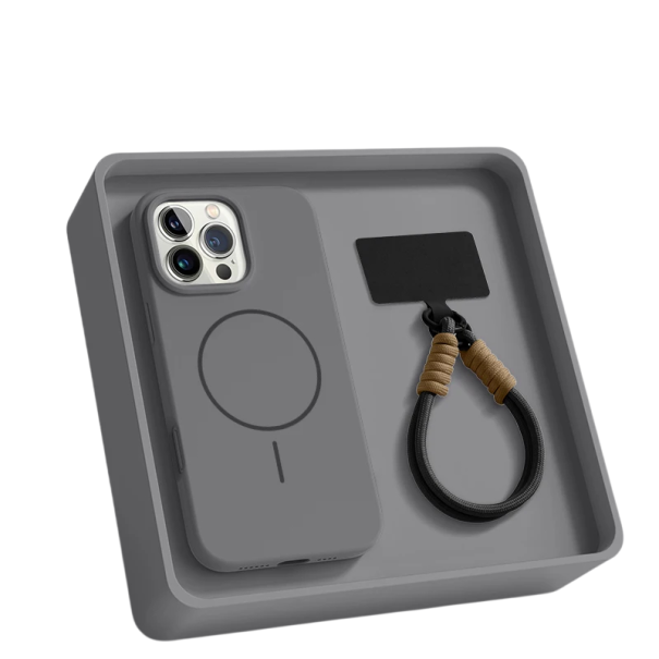 Siliconen hoes met polsband voor iPhone 17 Pro Max 3-laags beschermhoes tegen krassen met schokabsorptie grijs