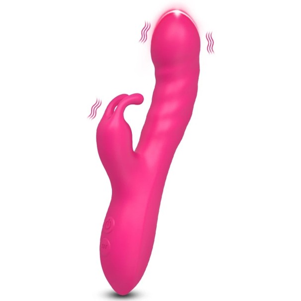 Siliconen vibrator 20,5 cm met konijnenkop, dubbelzijdig, 10 vibratiestanden, discrete verpakking roze