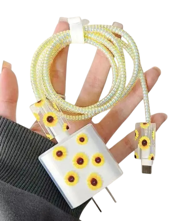 Silikonbeskyttelsescover til oplader og kabler med blomsterdesign Gennemsigtigt cover med solsikker Beskyttelse til iPhone 1