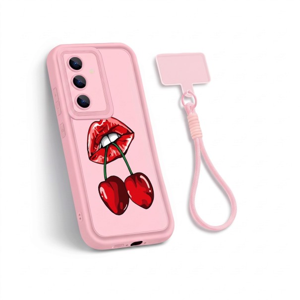 Silikoncover med håndledsrem til Samsung Galaxy A16 5G Holdbart Motiv af røde læber og kirsebær Lyserød Kamera beskyttelse Mobilcover 1