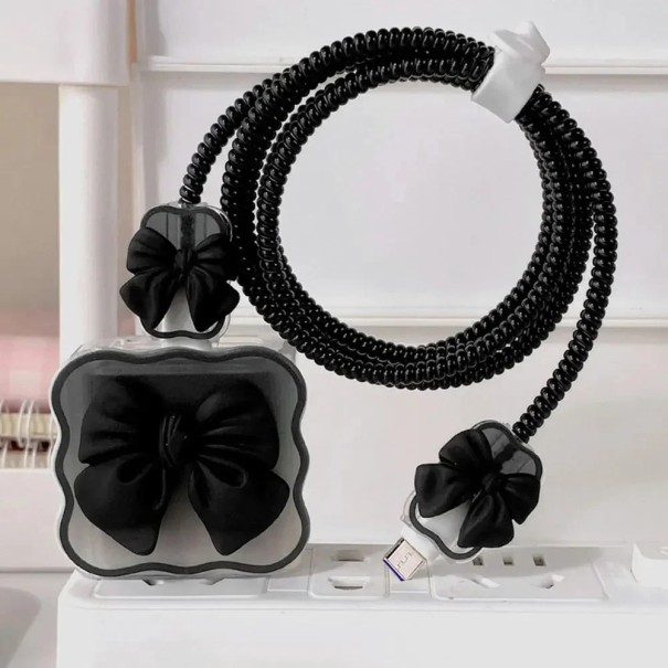 Silikonenkap voor Apple 18W/20W oplader met strik, decoratieve set met bescherming tegen stof en schade zwart