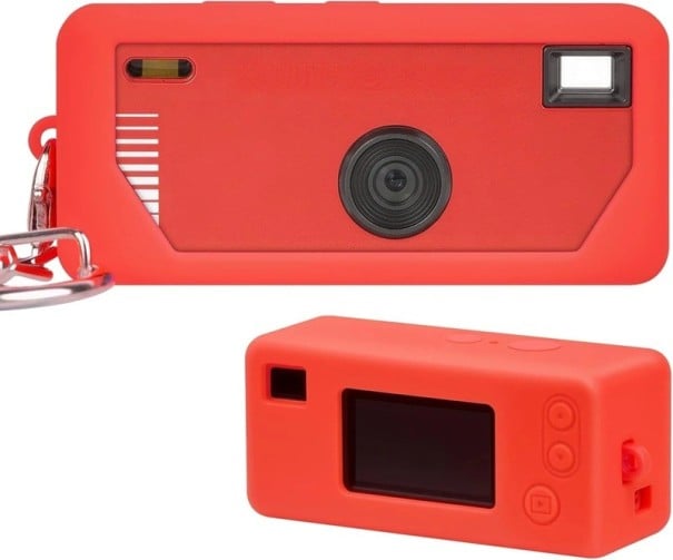 Silikonenkap voor de Kodak Charmera sleutelfoto-camera met precieze uitsparingen voor knoppen en opladen dempt schokken met een oogje rood