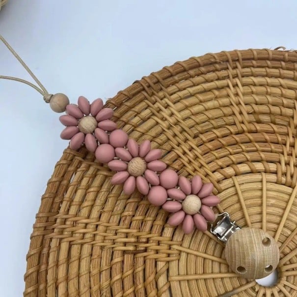 Silikonenklem voor fopspeen met bloemenmotief Silikonenkralen en houten clip Bijtring en fopspeenketting voor baby's onderweg donkerroze