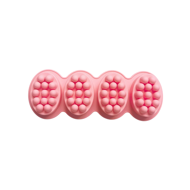 Silikonform til støbning af sæbe og lys Massageoval 4 rum 28,6 x 10,7 x 4,3 cm pink eller grøn rosa