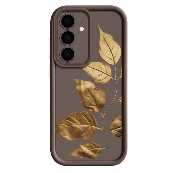 Silikoninen kotelo Samsung Galaxy S25 Ultra - kultalehtimotiivilla, kameran suoja, puhelimen kuori, oksalla olevat lehdet kahvinvärinen