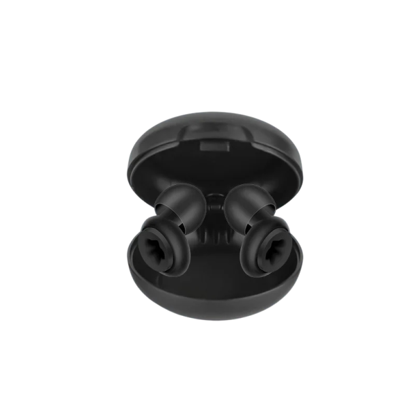 Silikonové špunty do uší na potlačení hluku s hvězdicovým otvorem ve vnější části v kulatém pouzdru na spaní i do hlučného prostředí černá