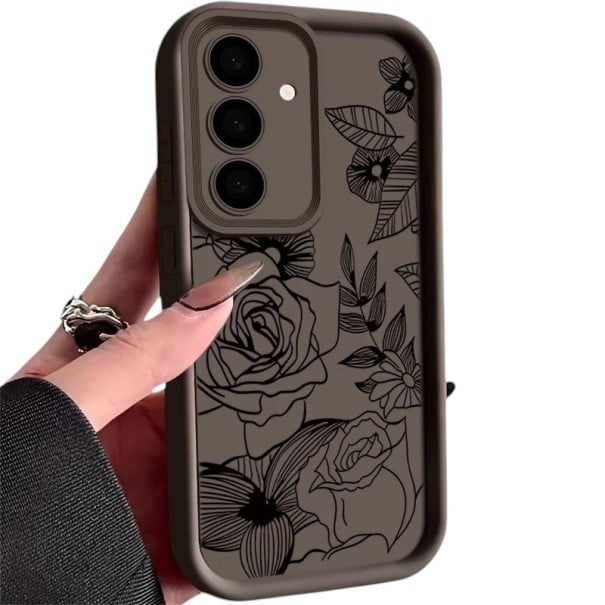 Silikónový obal na Samsung Galaxy A15 5G s kresbou ruží a kvetín Vyvýšený rám pri fotoaparáte Vyvýšené okraje Matný povrch Kryté tlačidlá hnedá