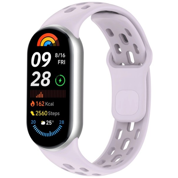 Silikonový prodyšný sportovní řemínek pro Xiaomi Mi Band 10 Nastavitelný pohodlný náramek odolný proti potu lehký pásek pro každodenní nošení fialová