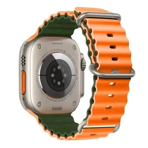 Silikonový řemínek 46 mm pro Apple Watch S10 Voděodolný pásek s titanovou přezkou Nastavitelná smyčka a vícepolohové zapínání zeleno-oranžová
