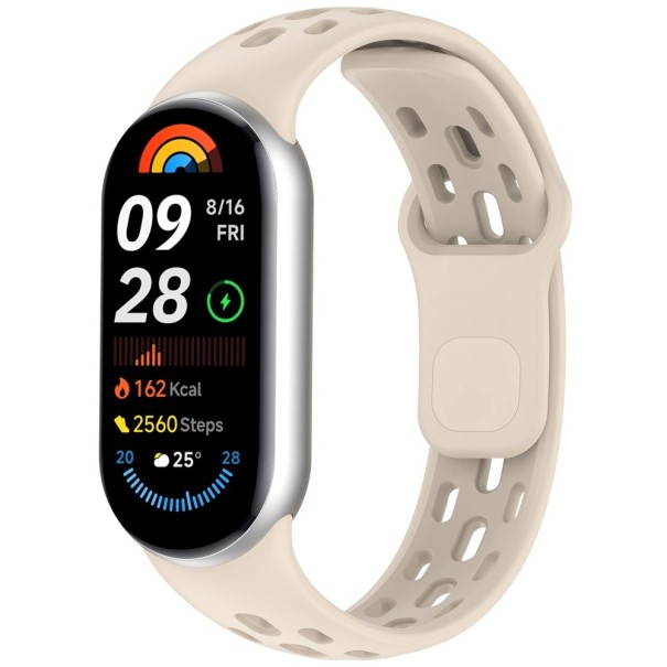Silikonový řemínek na hodinky Xiaomi Mi Band 9 Měkký pohodlný náramek na zápěstí Odolný pružný materiál Pro každodenní nošení i sport béžova