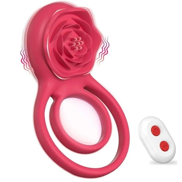 Silikonový vibrační škrticí kroužek s womanizerem ve tvaru růže dálkové ovládání 10 režimů USB nabíjení voděodolný diskrétní 1