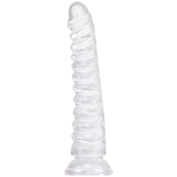 Silikonowy dildo z wypustkami 22 x 4 cm z przyssawką do użytku bez użycia rąk, dyskretne opakowanie dla Twojego komfortu i prywatności. przezroczysty