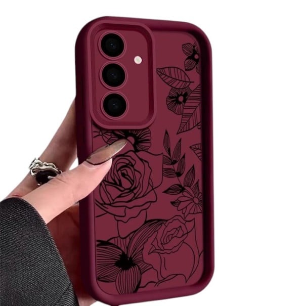 Silikonowy ochrannym pokrowiec na Samsung Galaxy A17 5G z rysunkiem róż i liści Wyższy ramka przy aparacie Wydobyte krawędzie Kryte boczne wino