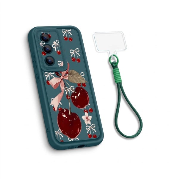 Silikonowy pokrowiec z paskiem na nadgarstek Samsung Galaxy A15 5G Odporny Wzór czereśni i kokardek Ciemnozielony Ochrona aparatu Etui na telefon 1
