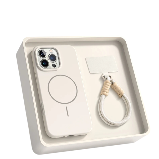 Silikonskydd för iPhone 17 Pro med handledsrem krämfärgad