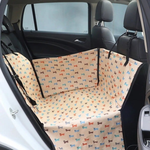 Silla de auto para mascotas 60 x 35 x 53 cm Beige con patrón de perritos caja protectora de PVC para autos para perros y gatos beige