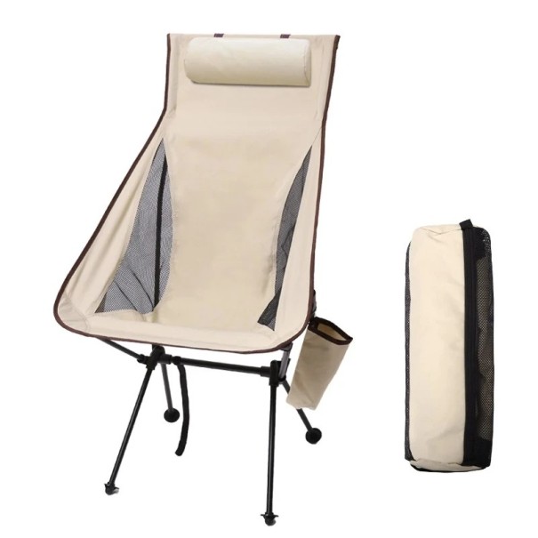 Silla de camping plegable portátil de 105 x 43 x 47 cm, silla con reposacabezas, silla de camping ligera para viajes, asientos de jardín beige