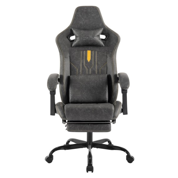 Silla de juego giratoria y ajustable con respaldo reclinable de 90° a 135°, soporte lumbar y reposapiés de suave tela técnica para oficina gris