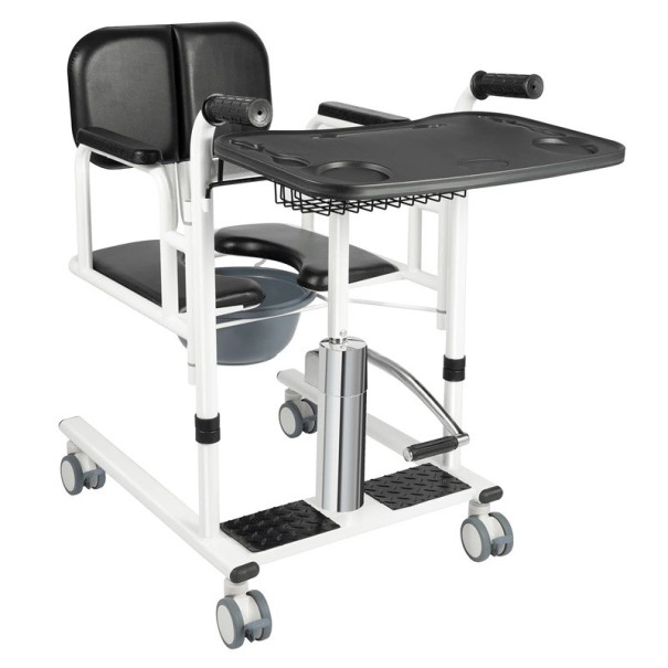 Silla hidráulica de elevación y transporte para ancianos con asiento dividido 180° capacidad 150 kg elevación 41–65 cm ruedas con freno negro