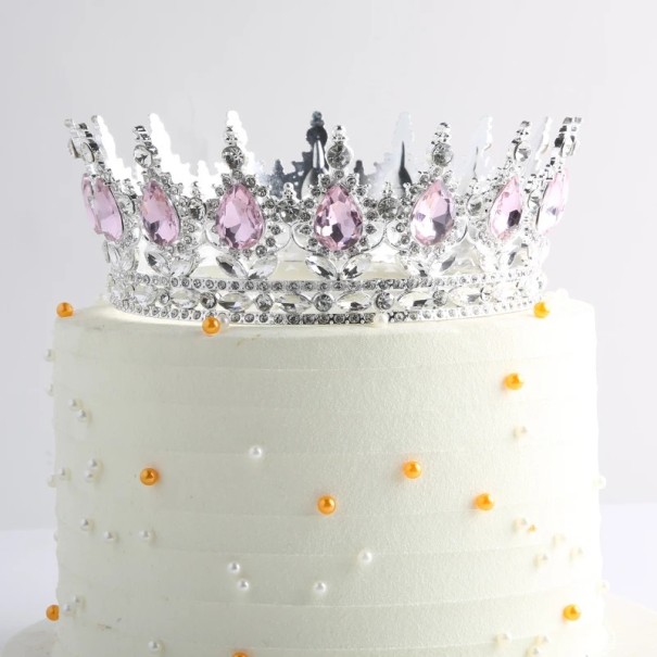 Silver Crown for Cake 12.5 x 5.3 cm Coloured Stones Elegant Decoration for Cake Birthday Celebration Princess Theme pink