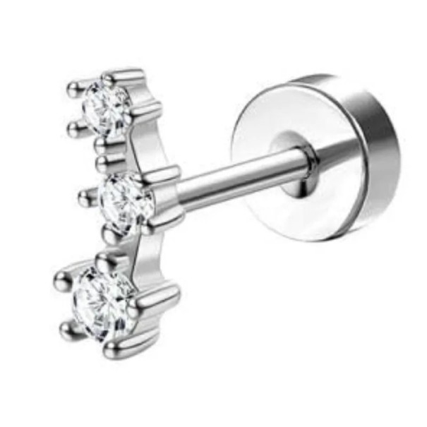 Silver Piercing Earring Three Stones Stacked 0.8 mm x 6 mm x 10 mm Surgical Stainless Steel for Sensitive Ears 1