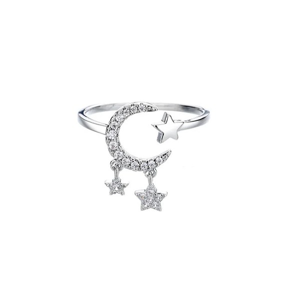 Silver Women's Ring Adjustable Size Diameter 16.5 mm Thin Open Ring with Moon with Stones and Star 3/5 mm Elegant Jewellery 1