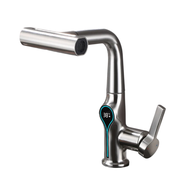 Sink Mixer Tap with Digital Temperature Display Lift-Up Waterfall Tap with Sprayer Hot and Cold Water Modern Bathroom 1