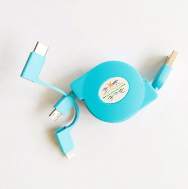 Sisäänvedettävä USB-Micro USB / USB-C / Lightning-datakaapeli turkoosi