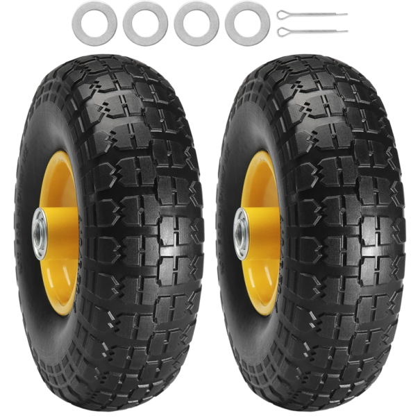 Sistem de 2 piese cu anvelope PU solide 115×255×82 mm, roată plină cu miez metalic și ax, construcție rezistentă, disc galben, piesă de schimb 1