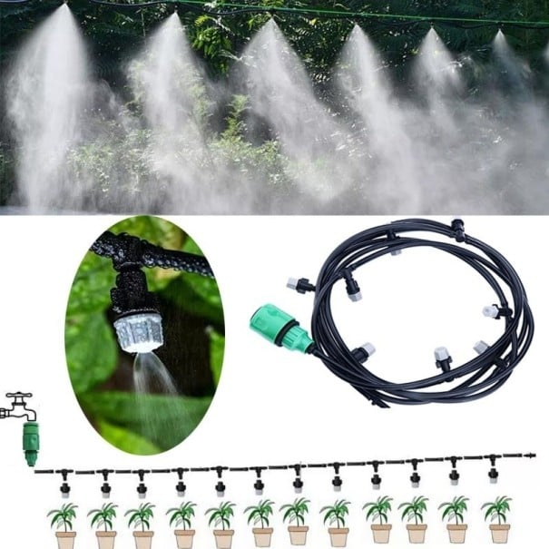 Sistem de irigare prin nebulizare 10 m cu 10 duze din plastic negru pentru grădină, seră, terasă, răcire și stropire a plantelor 1