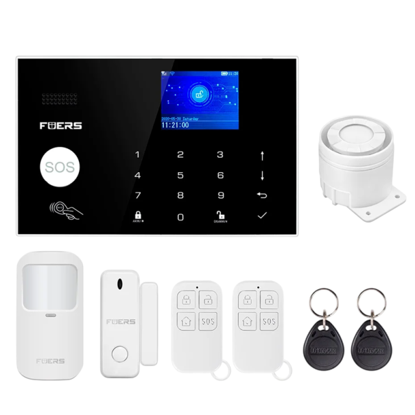 Sistema de alarme GSM WIFI sem fios para casa inteligente Tuya com unidade central, sensor de movimento, sensor de porta, sirene, comandos e chips RFID 1
