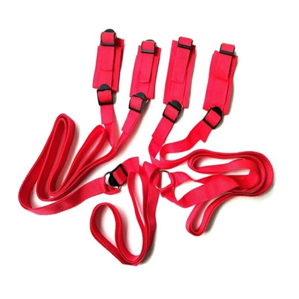Sistema de correas textiles debajo del colchón con 4 salidas para esposas de velcro, fijación de manos y pies, fijación ajustable, embalaje discreto. rojo