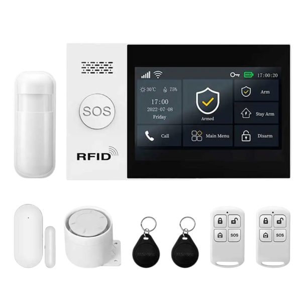 Sistema di allarme WiFi GSM Tuya per smart home Unità centrale con sensore di movimento, sensore per porte, sirena, telecomandi e chip RFID 1