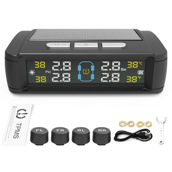 Sistema TPMS solar para coche con pantalla LCD 4 sensores externos Carga USB Monitor de presión y temperatura de neumáticos Instalación inalámbrica 1