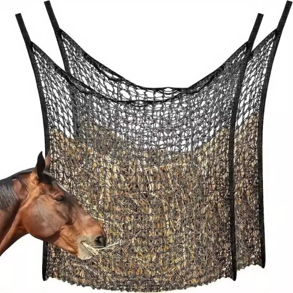 Síť na seno závěsná Krmný pytel s poutky 142 x 98 cm Pevná síťovina s lemem Černá barva 1