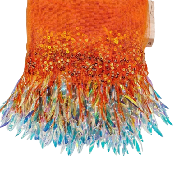 Síťovaná stuha s flitry a třásněmi 18 cm x 46 cm Dekorační polyesterová stuha na šití zdobení oděvů taneční kostýmy DIY oranžová