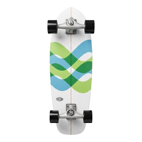 Skateboard cruiser S con olas azul-verdosas Longitud 80,1 cm Camiones plateados Ruedas blancas con negras Para andar por la ciudad y carriles bici 1