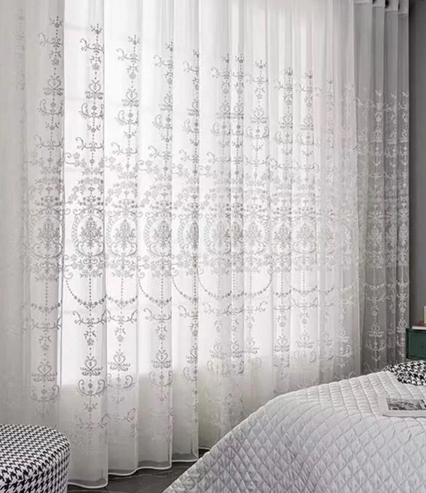 Skira gardiner med genomföring för upphängning Vita gardiner med broderade blommönster Broderade blomgardiner Lyxiga tyllgardiner 200 x 100 cm 1