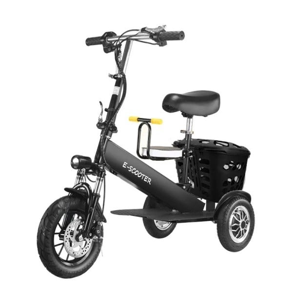 Skládací elektrická tříkolka s dětským sedátkem Dva motory 250 W Rychlost 35 km/h Dojezd 30 km Baterie 36 V 13 Ah Rozměry 109 x 51 x 98 cm 1