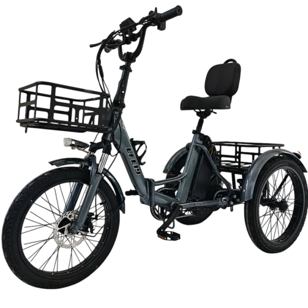 Skládací elektrická tříkolka se dvěma koši Motor 350 W Rychlost 30 km/h Dojezd 42 km Baterie 48 V LCD displej Rozměry 161 x 120 cm Do města šedá