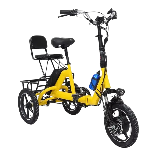 Skládací elektrická tříkolka se sedátkem a košem Motor 350 W Rychlost 20 km/h Dojezd 40 km Baterie 48 V 10,4 Ah Rozměry 114 x 64 x 115 cm žlutá