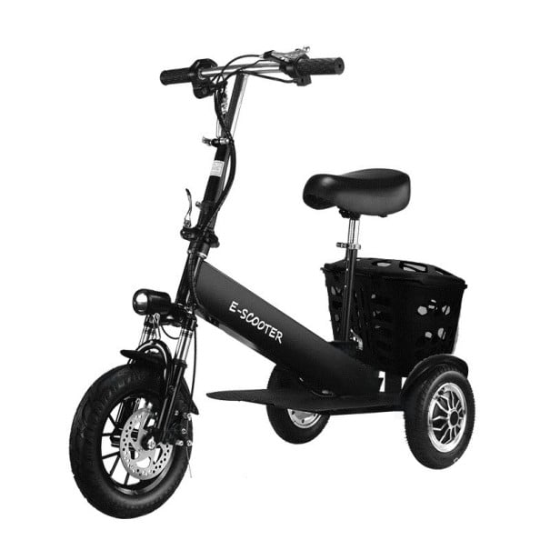 Skládací elektrická tříkolka se sedátkem Dva motory 250 W Rychlost 35 km/h Dojezd 30 km Baterie 36 V 13 Ah Rozměry 109 x 51 x 98 cm Černá 1