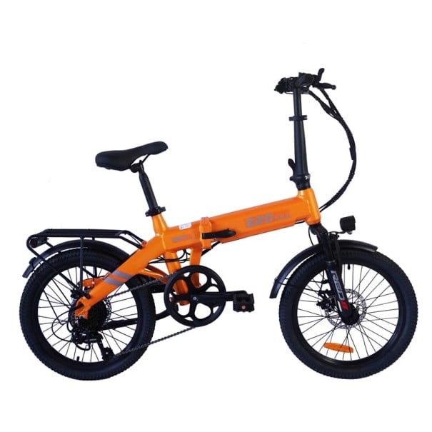 Skládací elektrické kolo 500 W Rychlost 32 km/h Dojezd 120 km Baterie 36 V 14,5 Ah Kotoučové brzdy Přehazovačka Shimano Nosič i blatníky oranžová