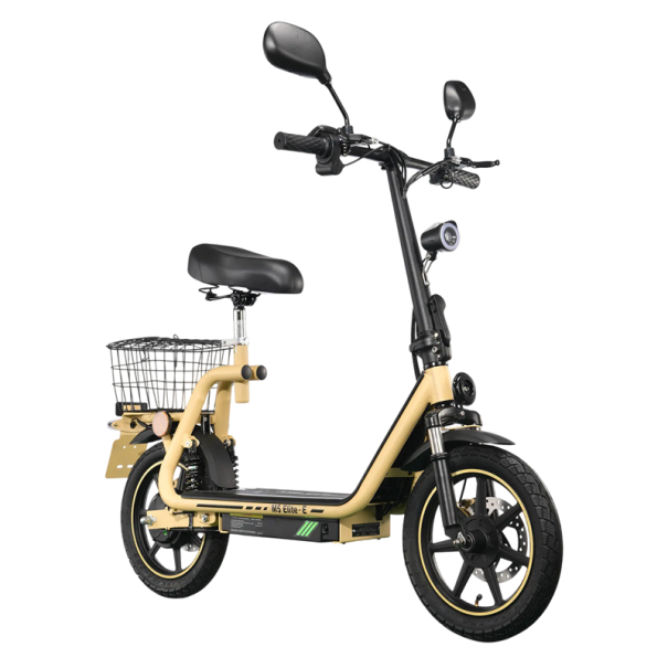Skládací elektrický skútr se sedátkem a košíkem Motor 500 W Rychlost 40 km/h Dojezd 30 km Baterie 48 V 13 Ah Pneumatiky 14 palců Do města žlutá