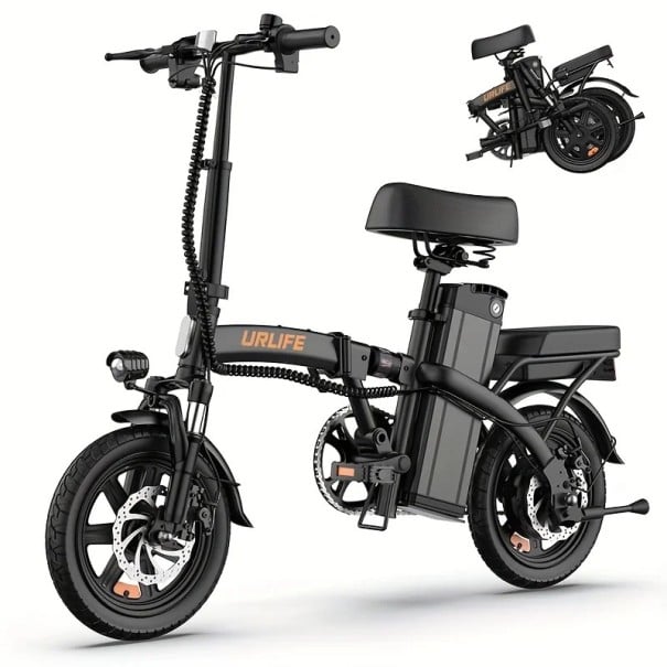 Skládací elektrokolo URLIFE s odnímatelnou baterií 48V 7,5Ah a druhým sedlem, nosnost 120 kg, dojezd 60 km, černé, městské černá