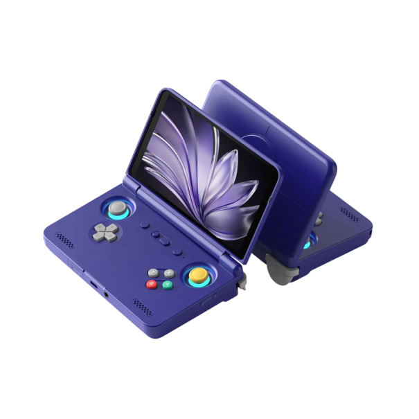 Skládací herní konzole Retroid Pocket Flip 2 s 5,5palcovým AMOLED displejem, 128GB úložištěm, 5000mAh baterií a systémem Android fialová