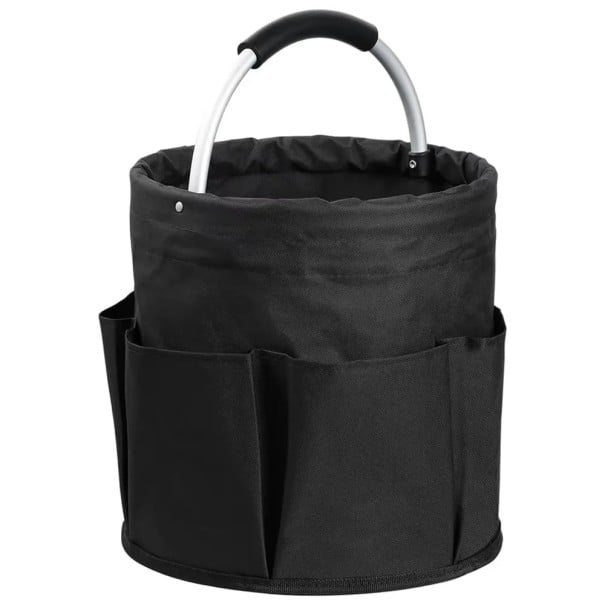 Skládací košík na nářadí s otočnými vnějšími kapsami a polstrovaným madlem objem 17 L průměr 28 cm a výška 28 cm na zahradní i ruční nářadí černá