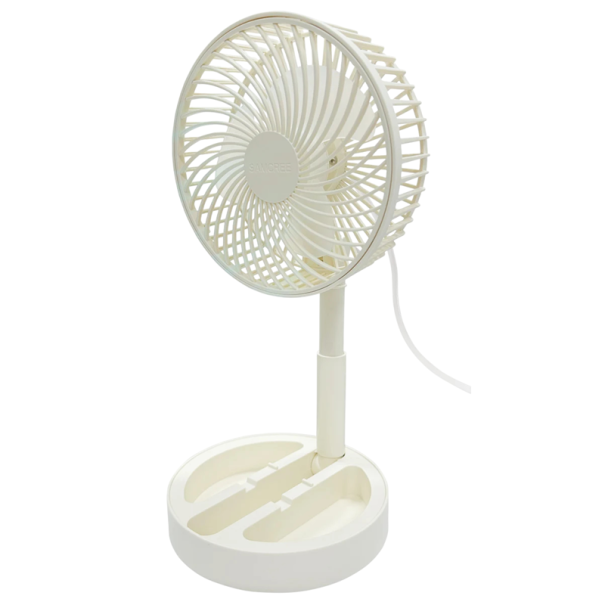 Skládací stolní USB ventilátor s teleskopickou nohou výška 30 cm napájení 5V 6W pro pracovní stůl, ložnici, cestování i kemp bílá